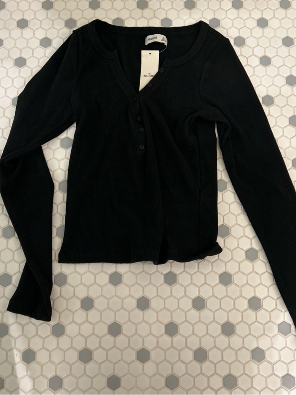 Hollister Black Rib Knit Button-Front Long Sleeve Top